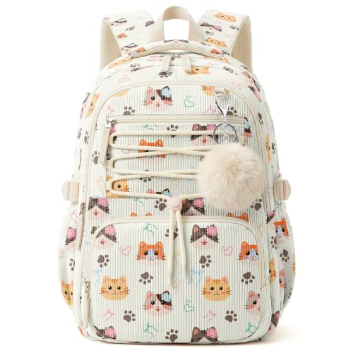 WOBAGMEN Corduroy Backpack for Girl Kids,Cute Aesthetic School Backpack with Multi-Pocket,Lightweight Bookbag Fits 15.6" Laptop,Large Capacity Casual Daypacks for Middle High School College,Cute Cat - color: Cute Cat