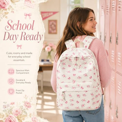 LEDAOU School Backpack for Teen Girls Elementary Middle School Bookbag Kids Backpacks Women Laptop Backpack Travel Daypack (Flower Bow - Beige) - color: Flower Bow - Beige