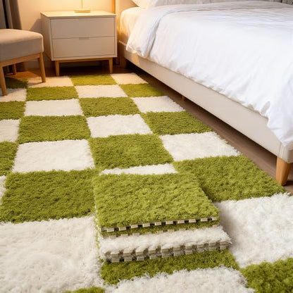 Thickened Plush Foam Interlocking Floor Carpet Mat, 24 Piece 12x12in Fluffy Square Puzzle Foam Carpet Tiles with Edgings, Soft Anti-Slip Shaggy Area Rug Playmat (Green+White) - color: Green+white