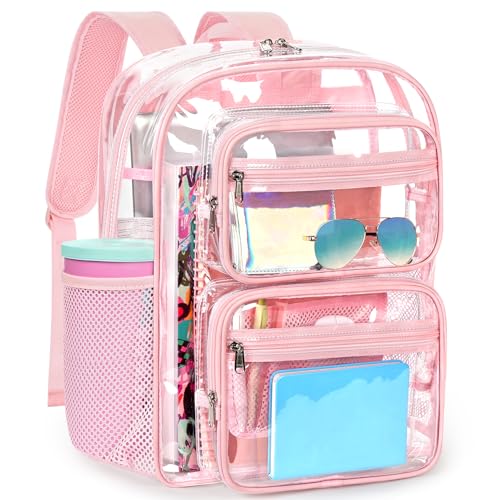 ZORFIN Heavy-Duty Clear Backpack for School and Work, Large Transparent Bag with Reinforced Straps - color: Peachpuff, size: Large