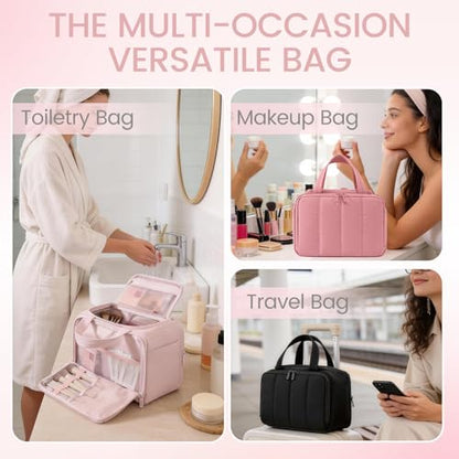Travel Toiletry Bag for Women,Large Makeup Bag Organizer,Puffy Cosmetic Bag with Wet Dry Separation,Waterproof Toiletries Bag with Trolley Sleeve,Dark Pink - color: Dark Pink