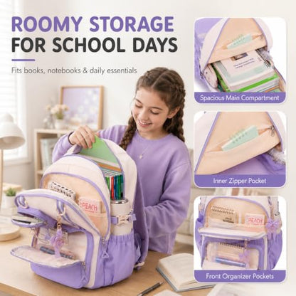 Bluboon Backpack for School Teen Girls Bookbags with Lunch Bag & Pencil Case Aesthetic Water Resistant School Bags for Kids - color: Purple Gingham