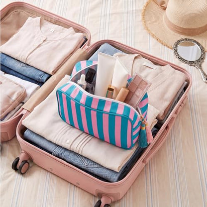 Kacctyen 6 Pack Blue and Pink Striped Makeup Bag bulk with Tassel Travel Cosmetic Pouch Organizer Large Zipper Toiletry Case for Women Aesthetic Storage Pouch Mahjong Tile Bag - color: Blue and Pink