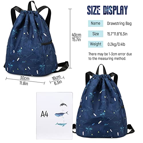 Drawstring Backpack for Kids - Coconut Tree Bags for Girls Mini Gym Dance Beach Swim Travel Bag With Two Water Bottle Holder Dark Blue Clinch Bag - color: Coconut Tree Dark Blue