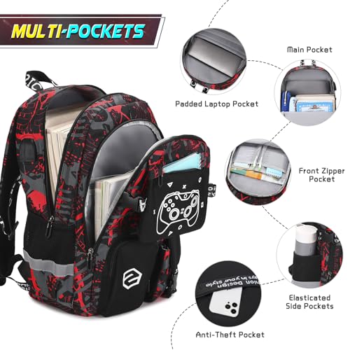 Scothen Boys Backpack, Cool Luminous Gamer School Backpacks for Boys with 14oz Insulated Water Bottle Lunch Bag Pencil Case, Kids Backpack Book Bags for Kindergarten Elementary Middle School - color: Red