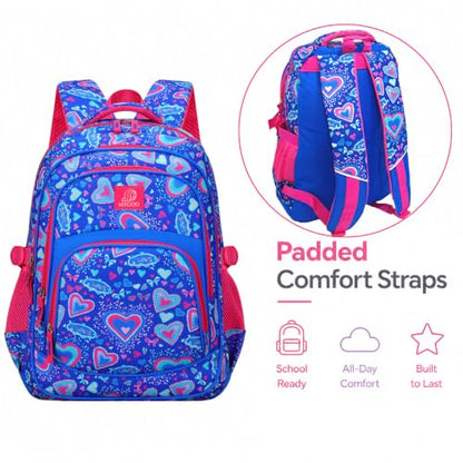MYGOO Girls School Backpack Grove Heart Blue Bookbag for Elementary Middle School Ages 5-12, 17 inch Large Capacity 24L Kids Student Travel Bags - color: Grove Heart Blue