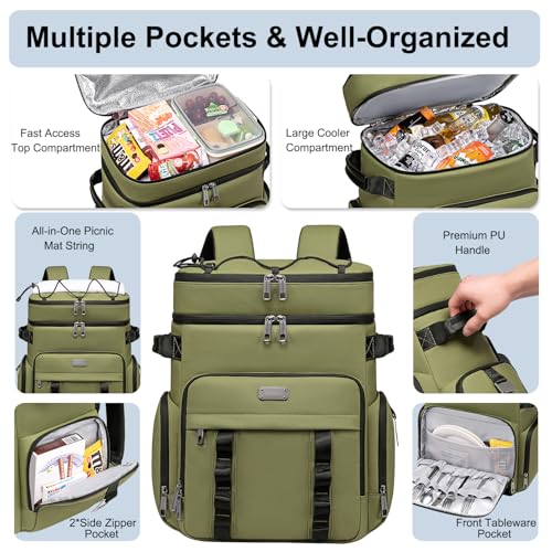Weitars Insulated Cooler Backpack,Double Deck Waterproof Soft Cooler Bag,Backpack Coolers Leak Proof Lunch Backpack for Men Women for Travel,Camping,Picnic,Beach,Picnic,Outdoor 31L/52 Can - color: Green