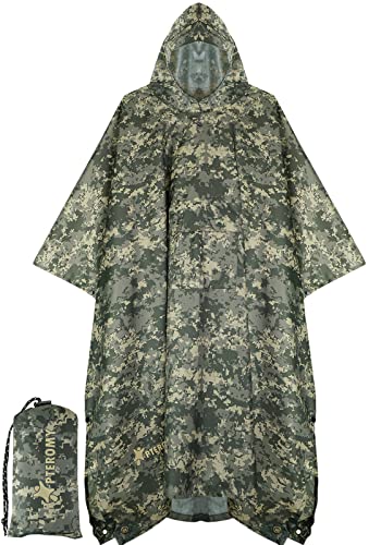 PTEROMY 3-in-1 Hooded Rain Poncho for Adult with Pocket, Waterproof Lightweight Unisex Raincoat for Hiking Camping Emergency - color: Green Digi Camo
