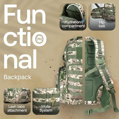 RIVER ROAD Huntex 40L Tactical Backpack for Men & Women in Green Camo - Military Style Hunting Hiking & Travel Combat Backpack - Outdoor Tactical Backpacks Sport Mochila Tactica - color: Green Camo