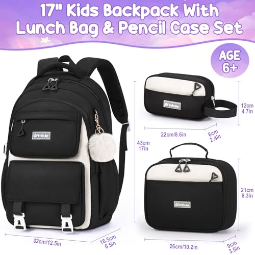 Fimibuke Backpacks for Girls, 3 PCS Waterproof School Backpack with Lunch Box & Pencil Pouch for Kids Teen Girl, Cute Bookbag School Bag for Elementary Middle High School Student Ages 6+(Black) - color: Black
