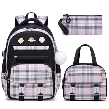 MOMUVO Backpack for Girls with Lunchbox, Kids Backpack with Lunch Box, Bookbag for Girls Kindergarten Elementary Preschool Middle School - color: Black Pink Sets