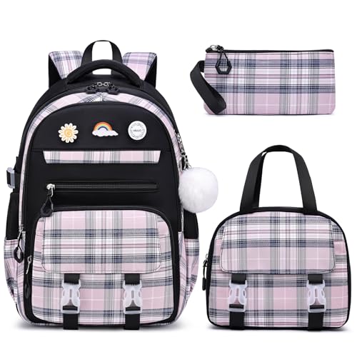 MOMUVO Backpack for Girls with Lunchbox, Kids Backpack with Lunch Box, Bookbag for Girls Kindergarten Elementary Preschool Middle School - color: Black Pink Sets