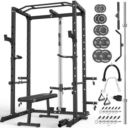 ULTRA FUEGO Power Cage, Multi-Functional Power Rack with J-Hooks, Dip Handles, Landmine Attachment and Optional Cable Pulley System for Home Gym - size: 240LB Weights Package black+Flat Bench