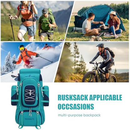 Bseash 70L (65+5) Waterproof Hiking Camping Backpack with Rain Cover, Outdoor Sport Travel Daypack for Climbing Touring (Blue Green) - color: Blue Green