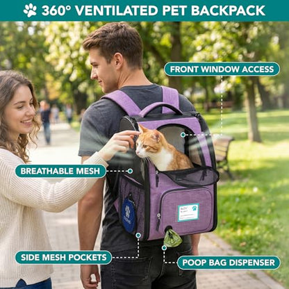 PetAmi Expandable Dog Backpack Carrier for Cats & Pets, Breathable Cat Carrier Backpack with Top Window & Multi-Entry, Ventilated Foldable Travel Carrier for Small Medium Pets up to 18 lbs, Purple - color: Purple
