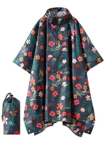 PTEROMY 3-in-1 Hooded Rain Poncho for Adult with Pocket, Waterproof Lightweight Unisex Raincoat for Hiking Camping Emergency - color: Blossom Season 1/4 Zipper