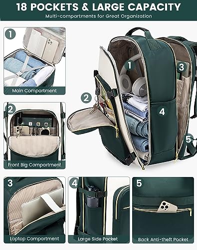 LOVEVOOK 40L Travel Backpack for Women & Men, Airline Approved Carry On Luggage with 3 Packing Cubes, TSA Overnight Bags, Waterproof Personal Item Bag, Weekender Essentials Backpacks fits 17" Laptop - color: Dark Green-beige-black, size: 17.3 Inch-40L-4Pc