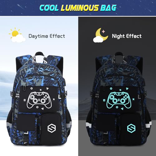 Scothen Boys Backpack, Cool Luminous Gamer School Backpacks for Boys with 14oz Insulated Water Bottle Lunch Bag Pencil Case, Kids Backpack Book Bags for Kindergarten Elementary Middle School - color: Blue