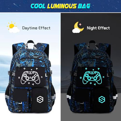 Scothen Boys Backpack, Cool Luminous Gamer School Backpacks for Boys with 14oz Insulated Water Bottle Lunch Bag Pencil Case, Kids Backpack Book Bags for Kindergarten Elementary Middle School - color: Blue