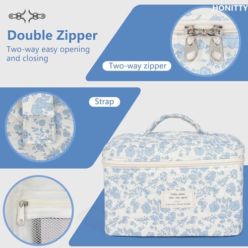 honitty Makeup Bag,Quilted Cosmetic Bags,Large Floral Make Up Bags for Women, Makeup Organize,Flower Travel Toiletry Bag - color: 1PCS-Blue-White