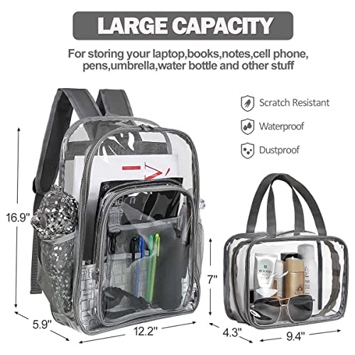 2 Pieces Heavy Duty Clear Backpack, Gray PVC Waterproof Transparent Bags With Cosmetic Bag, See Through Book Bag With Lunch Bag, Stadium Approved, Reinforced Strap, School, Work, Women, Men, Boy, Girl