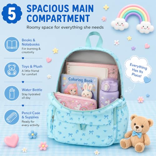 BTOOP Kids Backpack for Boys Girls 3-6, Preschool Kindergarten Backpack with Insulated Lunch Compartment & Chest Strap (Blue-Bow, Age 3-6 (14.5" H Fit Folder)) - color: Blue-bow, size: Age 3-6 (14.5" H Fit Folder)
