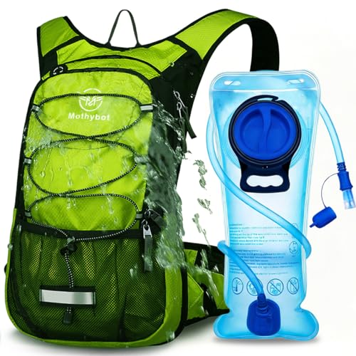 Mothybot Hydration Pack, Insulated Hydration Backpack with 2L BPA Free Water Bladder and Storage, Hiking Backpack for Men, Women, Kids for Running, Cycling, Camping - Keep Liquid Cool up to 5 Hours - color: Grass Green