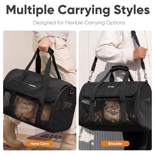FUKUMARU Cat Carrier, Light & Airy Pet Carrier, 18x11x11 Airline Approved Dog Carrier for Small Dogs, 2-in-1 Shoulder Strap Leash, Collapsible Soft Cat Travel Carrier with Anti-Scratch Mesh, Black - color: Black