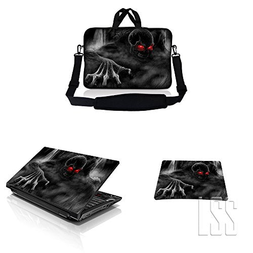 LSS 15-15.6" Laptop Sleeve Bag with Matching Laptop Skin Sticker & Mouse Pad Combo | Carrying Case for 14" 15" 15.6" - Red Eye Dark Ghost Zhombie Skull - color: Red Eye Dark Ghost Zhombie Skull, size: 15 inch