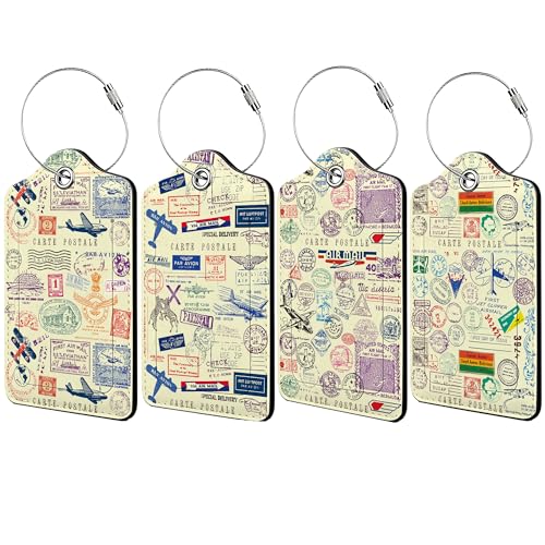 Luggage Tags for Suitcases, 4 Pcs Luggage Tags with Privacy Cover and Durable Metal Ring for Travel, Name Address Tags for Men Women Kids Suitcase and Backpack (Travel Stamp) - color: Travel Stamp