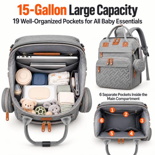Diaper Bag Backpack with Changing Station, Large Waterproof Travel Baby Bag - color: Grey