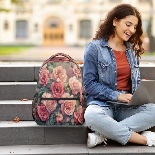 Retro Pink Rose Womens Travel Backpack | 15.6 Inch Laptop Backpack, Lightweight Casual Daypack, Water Resistant, Cute Work Backpacks, Large Capacity - color: Multicolor4