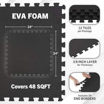 Stalwart EVA Foam Mat Tiles 12-Pack - 48 SQ FT of Interlocking Padding for Garage, Playroom, or Gym Flooring - Exercise Mat or Baby Playmat (Black)