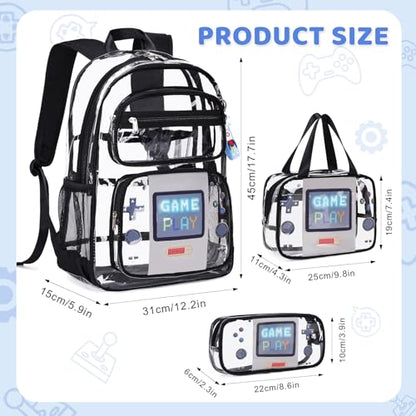 ACESAK Clear Backpack for Boys Girls - 3 Pcs Clear Heavy Duty with Lunch Bag - See Through Backpack Stadium Approved (Black Game) - color: Black Game