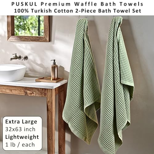 PÜSKÜL Natural 100% Turkish Cotton Waffle Bath Towels Set of 2-Piece | 32x63 inch Extra Large Absorbent Quick-Dry Lightweight Spa Towel | Luxury Sauna Accessories (Sage Green, Bath Towels - Pack of 2) - color: Sage Green