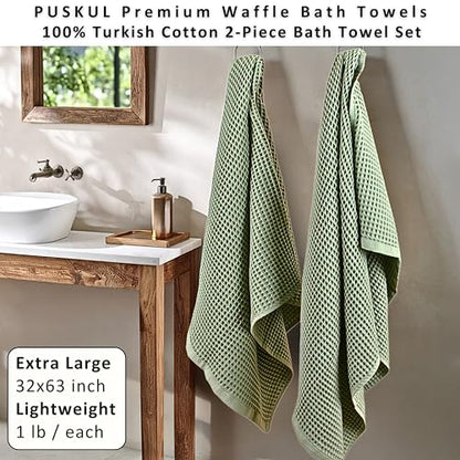 PÜSKÜL Natural 100% Turkish Cotton Waffle Bath Towels Set of 2-Piece | 32x63 inch Extra Large Absorbent Quick-Dry Lightweight Spa Towel | Luxury Sauna Accessories (Sage Green, Bath Towels - Pack of 2) - color: Sage Green