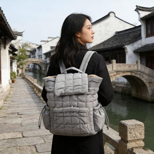 Quilted Backpack, Lightweight Casual Soft Daypack Large Capacity Quilted Backpack Purse, Ergonomic Versatile Polyester Puffy, for Travel Gym Hiker College (Grey)