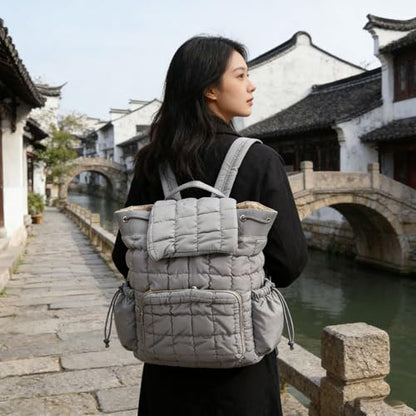 Quilted Backpack, Lightweight Casual Soft Daypack Large Capacity Quilted Backpack Purse, Ergonomic Versatile Polyester Puffy, for Travel Gym Hiker College (Grey)
