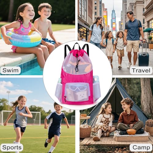 Swim Bag for Kids Mesh Beach Backpack for Girls Lightweight Drawstring Beach Bag Swimming Pool Sports Gym String Bag (Purple) - color: Purple