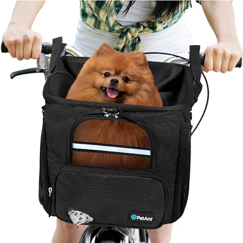 PetAmi Dog Bike Basket, Soft-Sided Ventilated Dog Bike Carrier Backpack, Pet Bicycle Basket for Bike Handlebar, Small Medium Puppy Cat Kitten Car Booster Seat with Safety Strap, Max 18 lbs, Black - color: Black