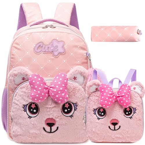 Led Backpack for Girls Backpacks for Kids with LED Strip Lights School Backpack for Girls with Lunch Box Back to School Supplies Cute Kawaii Kids Backpacks for Girl - color: L-pink Bear