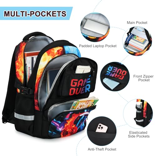 3PCS School Backpack for Boys, Cool Gamer Boys Backpack with Lunch Box and Pencil Case for Kids Kindergarten Teens Elementary Middle School Bag with Convenient Charging Port,Gaming Bookbag Waterproof - color: Red & Blue Flame Headphones