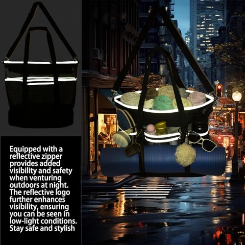 Mesh Beach Bag with Cooler Large Travel Family Vacation Essentials Pool Swimming Zipper Pocket Durable 9 Pockets - color: Black