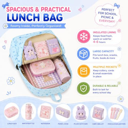 BTOOP School Backpacks for Teen Girls Bookbags Lightweight Kids Backpack School Bags Set with Lunch Box Pencil Case - color: Blue Bow