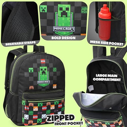 Minecraft Backpack for Boys Kids Teens Adjustable Straps Front Pocket Daypack Backpacks for Sports Gym School Gamer Gifts (Black) - color: Black