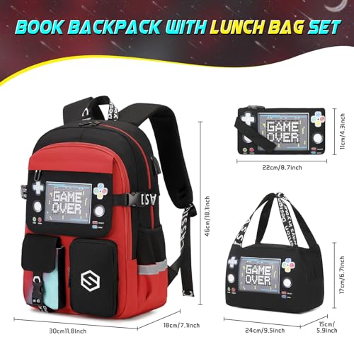 Scothen Boys Backpack, Cool Luminous School Backpacks for Boys with Lunch Bag Pencil Case, Kids Backpack Kindergarten Elementary Middle School Book Bags for Teen Boy Children with USB Charging Port - color: Red