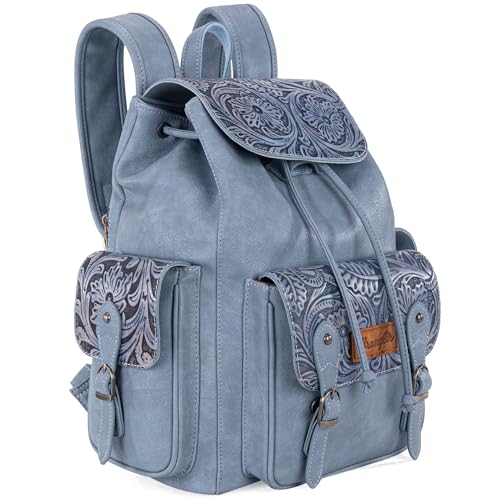 Montana West Wrangler Backpack Purse for Women Men Western Backpack Floral Tooled Travel Bags - color: Carve Jean