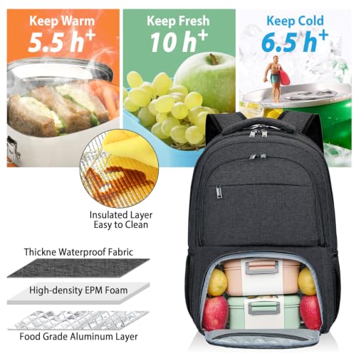 BIKROD Lunch Backpack, Insulated Cooler Lunch Bag Backpack, Large School Backpacks for Teen Boys Water Resistant Back Pack Gift for Men Fit 17 Inch Laptop, - color: Black