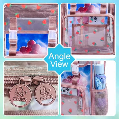 Clear Backpack, Stadium Approved Transparent Bookbag for Girls Boys, Heavy Duty PVC See Through Backpack for Women Men - color: Strawberry Pink