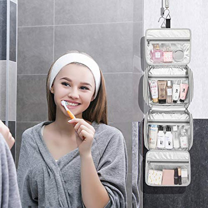 Bosidu Hanging Travel Toiletry Bag,Large Capacity Cosmetic Travel Toiletry Organizer for Women with 4 Compartments & 1 Sturdy Hook,Perfect for Travel/Daily Use/Christmas - color: M-grey